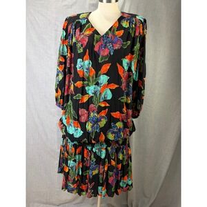 Vintage Sharon Anthony‎ Black Floral Drop Waist Dress Made in USA 16W 80s